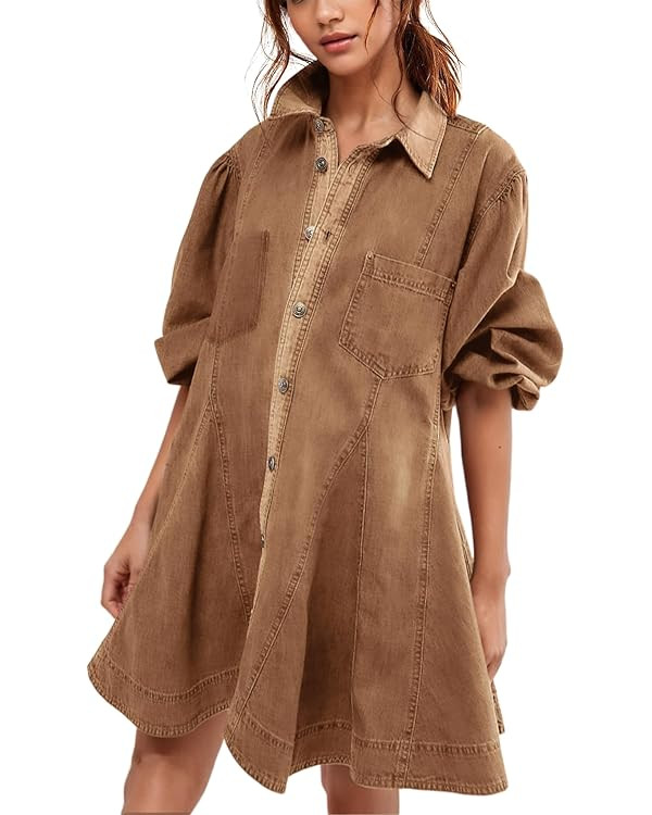 Gozoloma Women's Denim Dress Long Balloon Sleeves Button Down A Line Swing Ruffle Jean Mini Babyd... | Amazon (US)