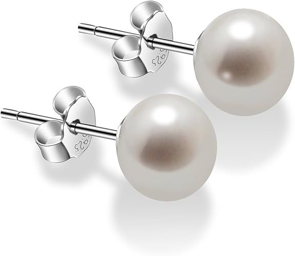 Pearl Earrings for Women 7-8mm Freshwater Cultured Pearl Stud Earrings 925 Sterling Silver - VIKI... | Amazon (US)