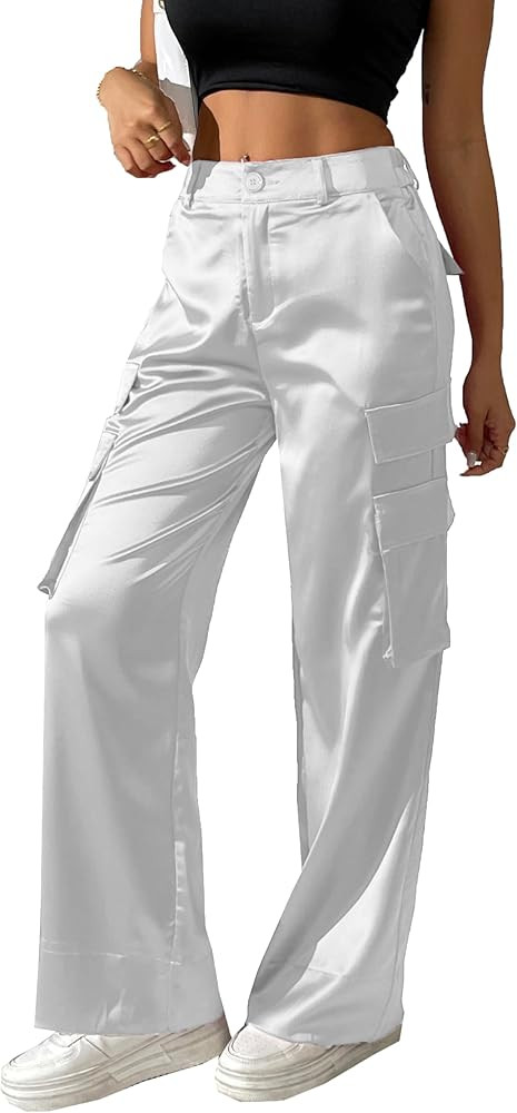 Women's Satin Cargo Wide Leg Pants Silky Party Dressy Casual Pocketed Pant Long Trouser | Amazon (US)