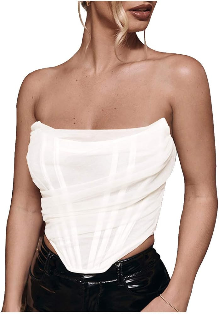 L'VOW Women's Sexy Strapless Mesh Bustier Open Back Boned Corset Crop Top | Amazon (US)