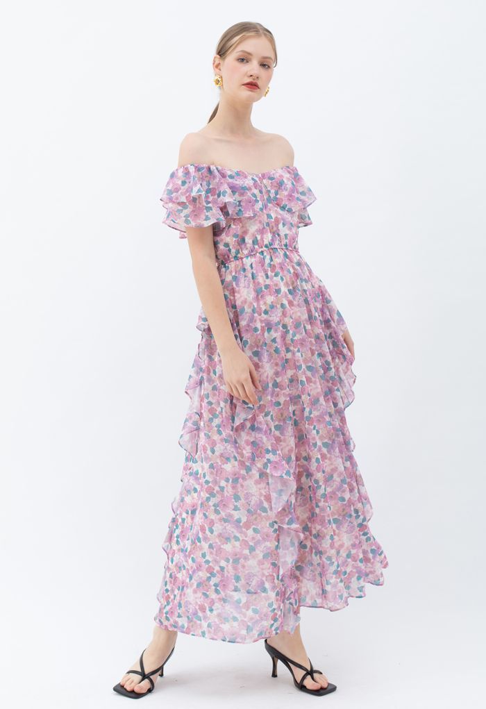 Lilac Floral Asymmetric Ruffle Off-Shoulder Maxi Dress | Chicwish