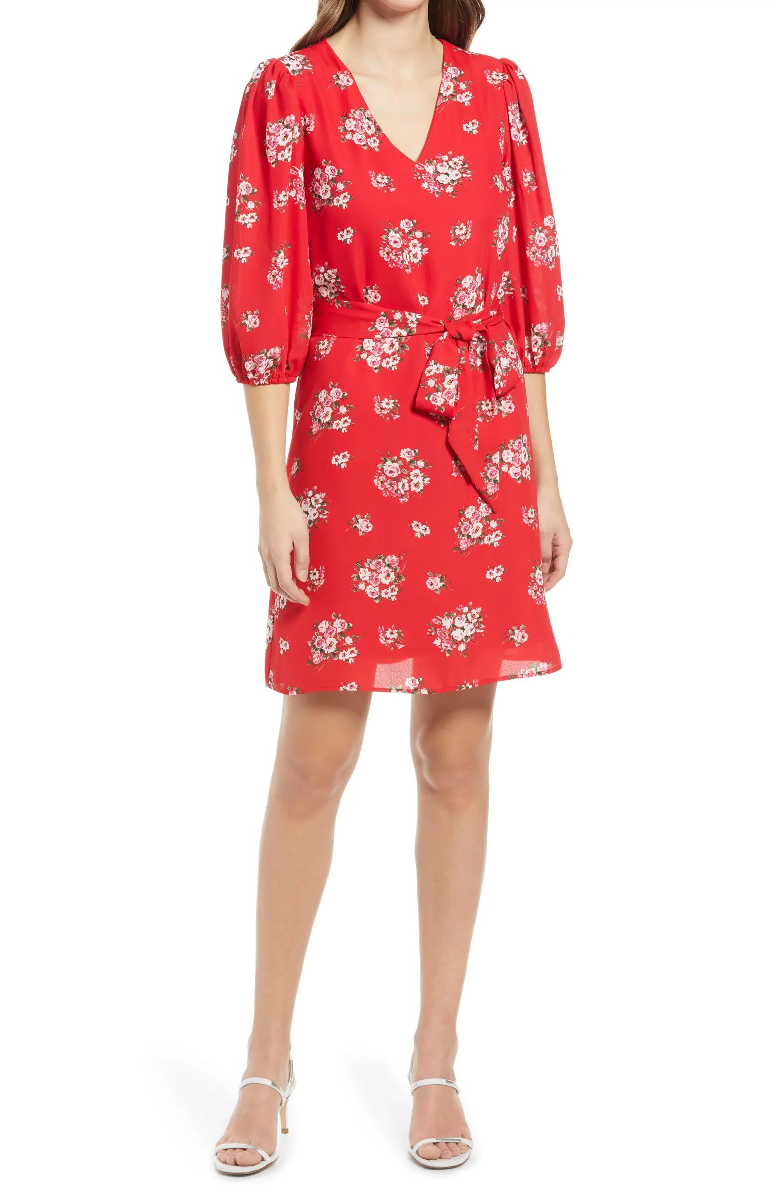 Halogen® Floral Print Tie Waist Long Sleeve Dress | Nordstrom | Nordstrom