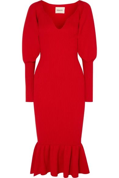 Khaite - Ina Ruffled Ribbed Wool Midi Dress - Red | NET-A-PORTER (UK & EU)