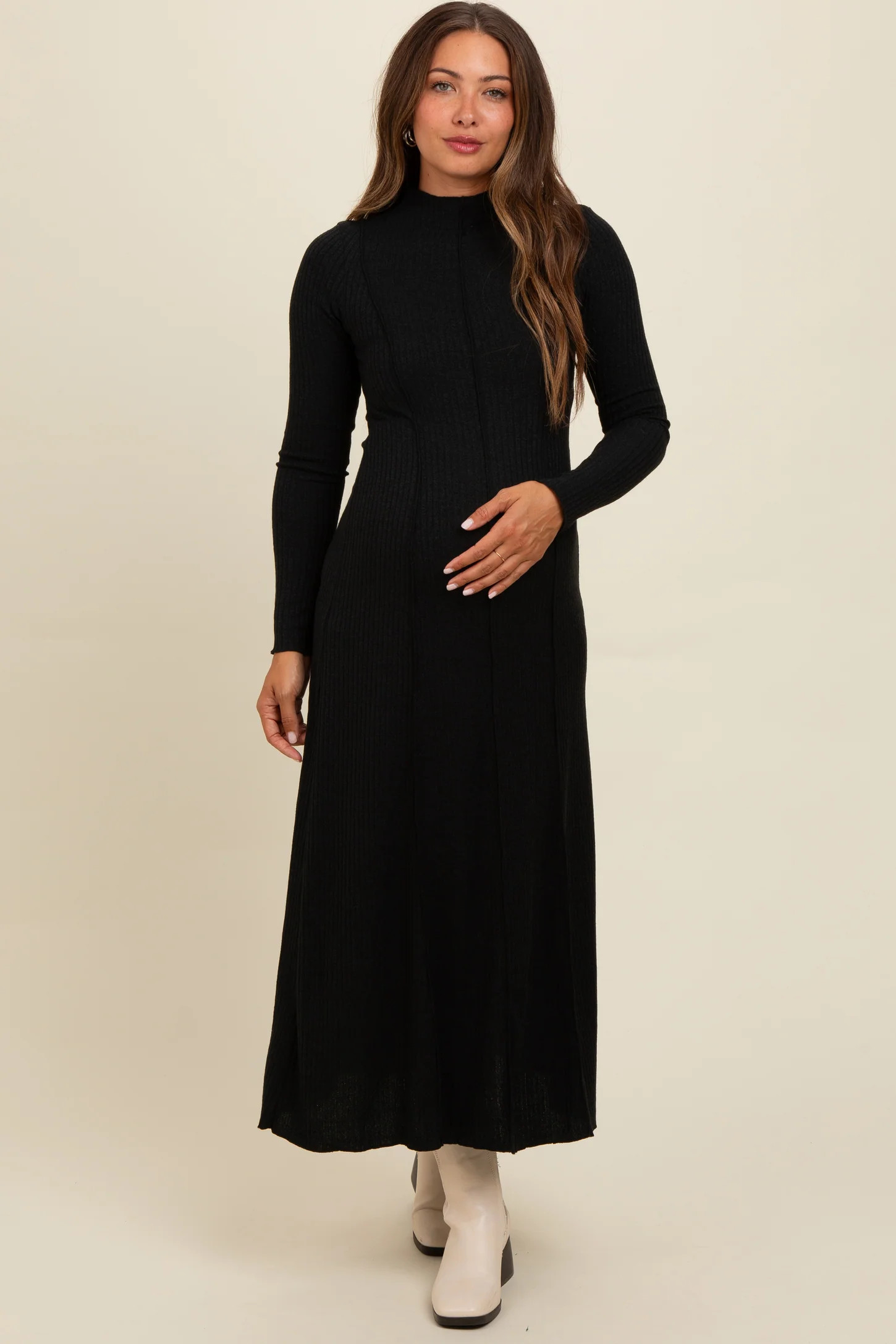 Black Ribbed Exposed Seam Mock Neck Maternity Dress | PinkBlush Maternity