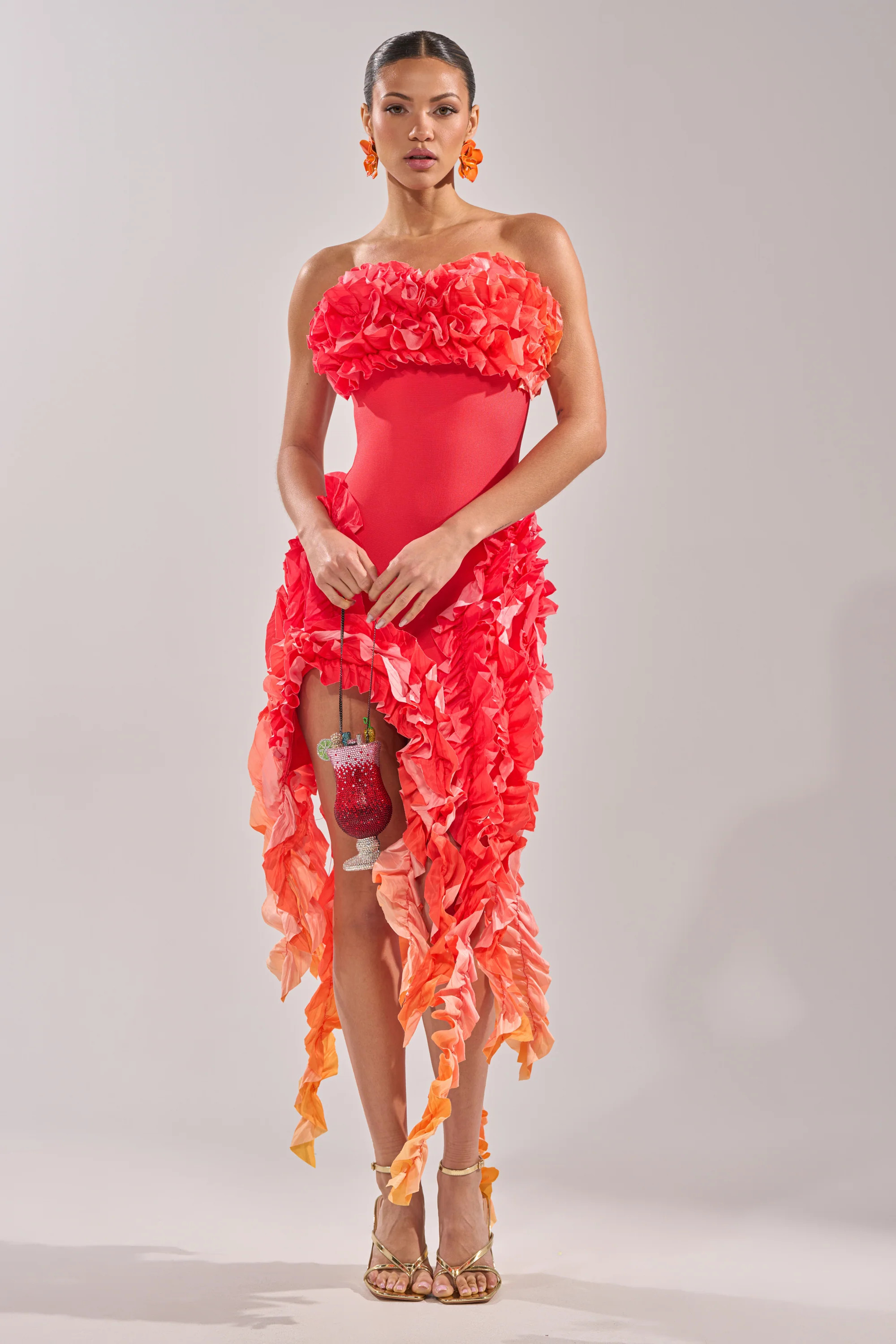 CITY LIGHTS RUFFLE MAXI DRESS IN RED OMBRE | AKIRA