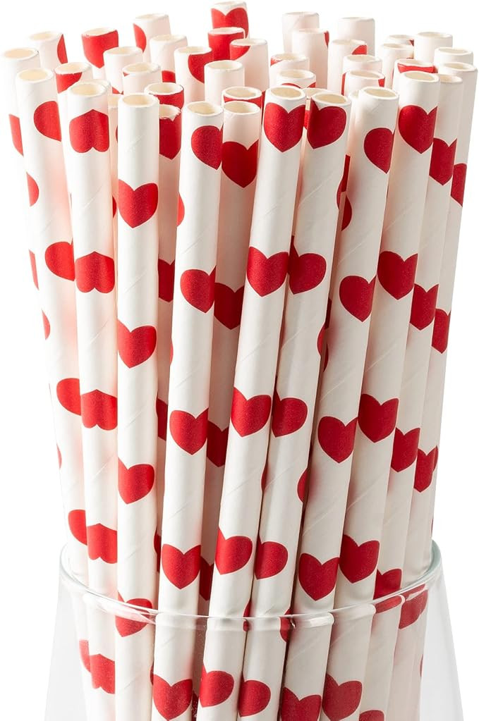 [100 Pack] Valentine Paper Straws, φ0.24''*8.27'' Red Heart Paper Straws for Valentines, Wedding... | Amazon (US)