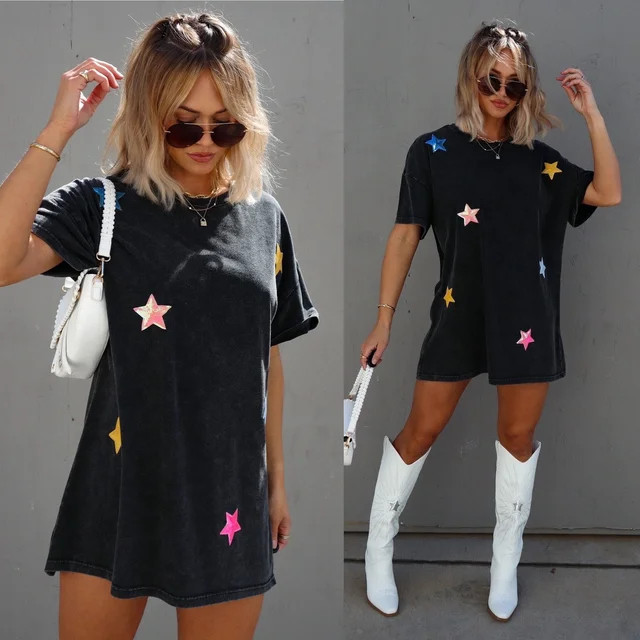 Lucky Stars Sequin Cotton Blend T-Shirt Dress - Charcoal | VICI
