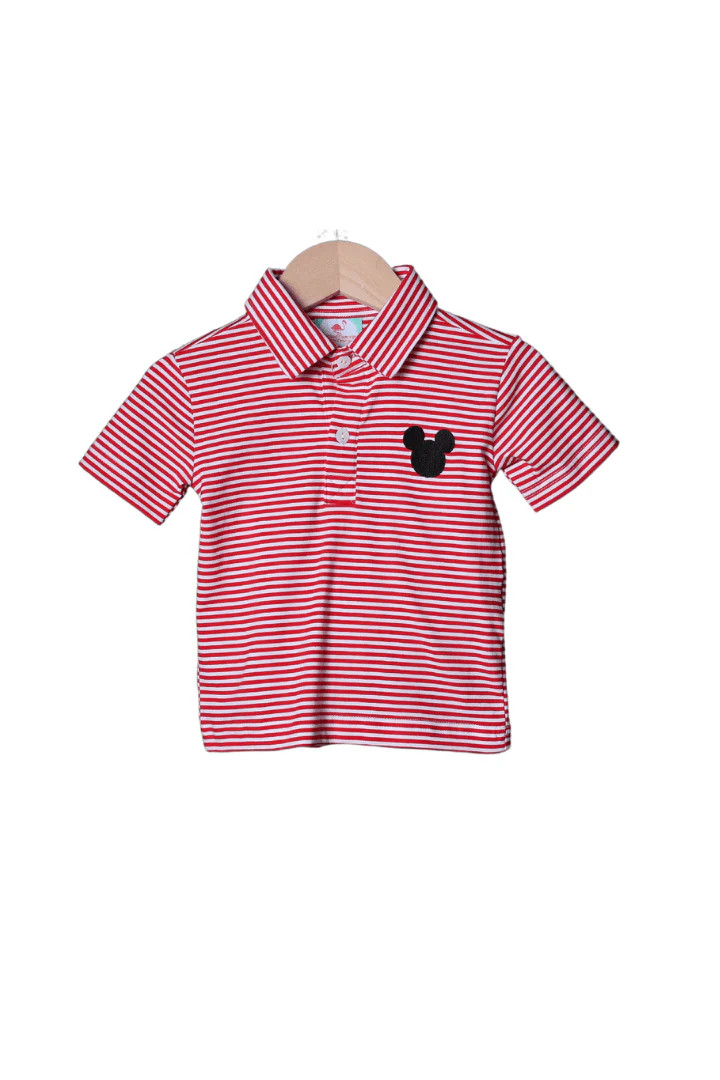 Embroidered Mouse Red Stripe Polo Shirt | The Smocked Flamingo