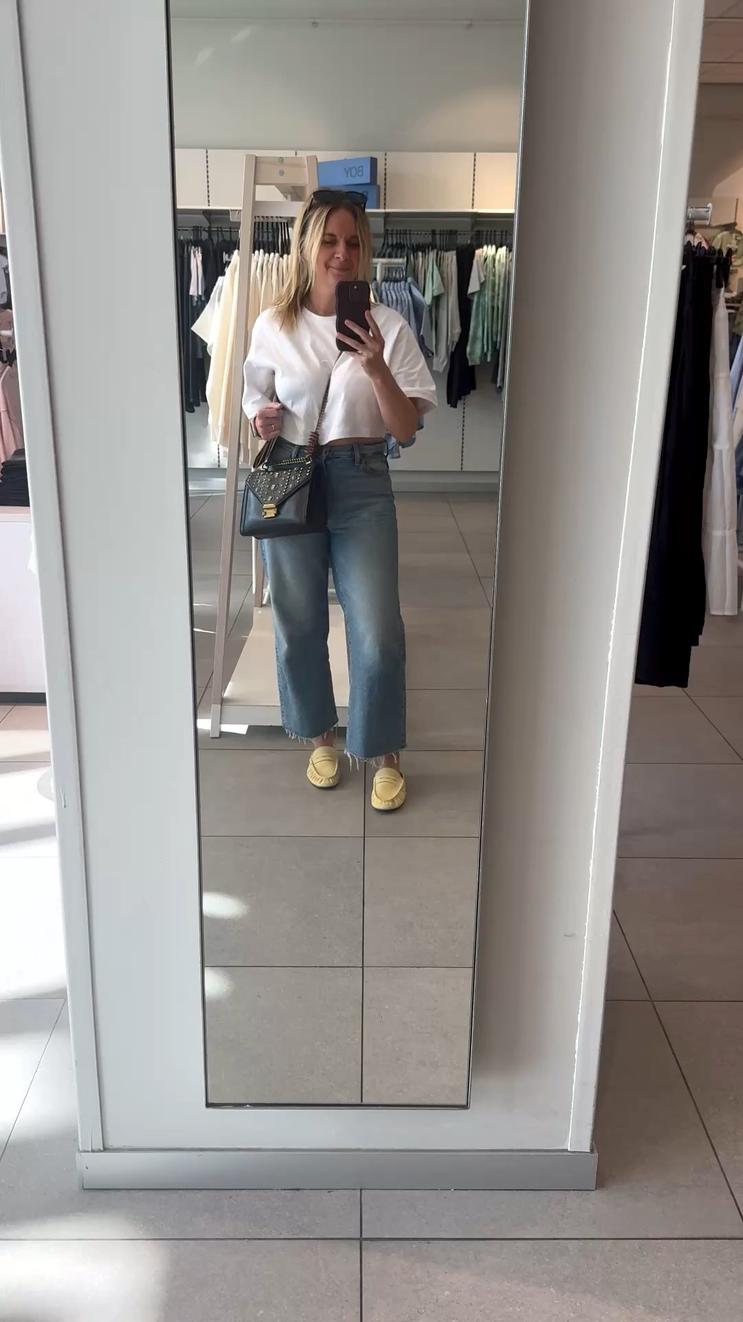 OOTD for a morning of client errands ✨ Cropped white tee + wide leg jeans + butter yellow loafers + studded crossbody. Both the tee and the loafers are new and still shoppable — linked everything below! 👇

#LTKdayinmylife #LTKootd #LTKOver40