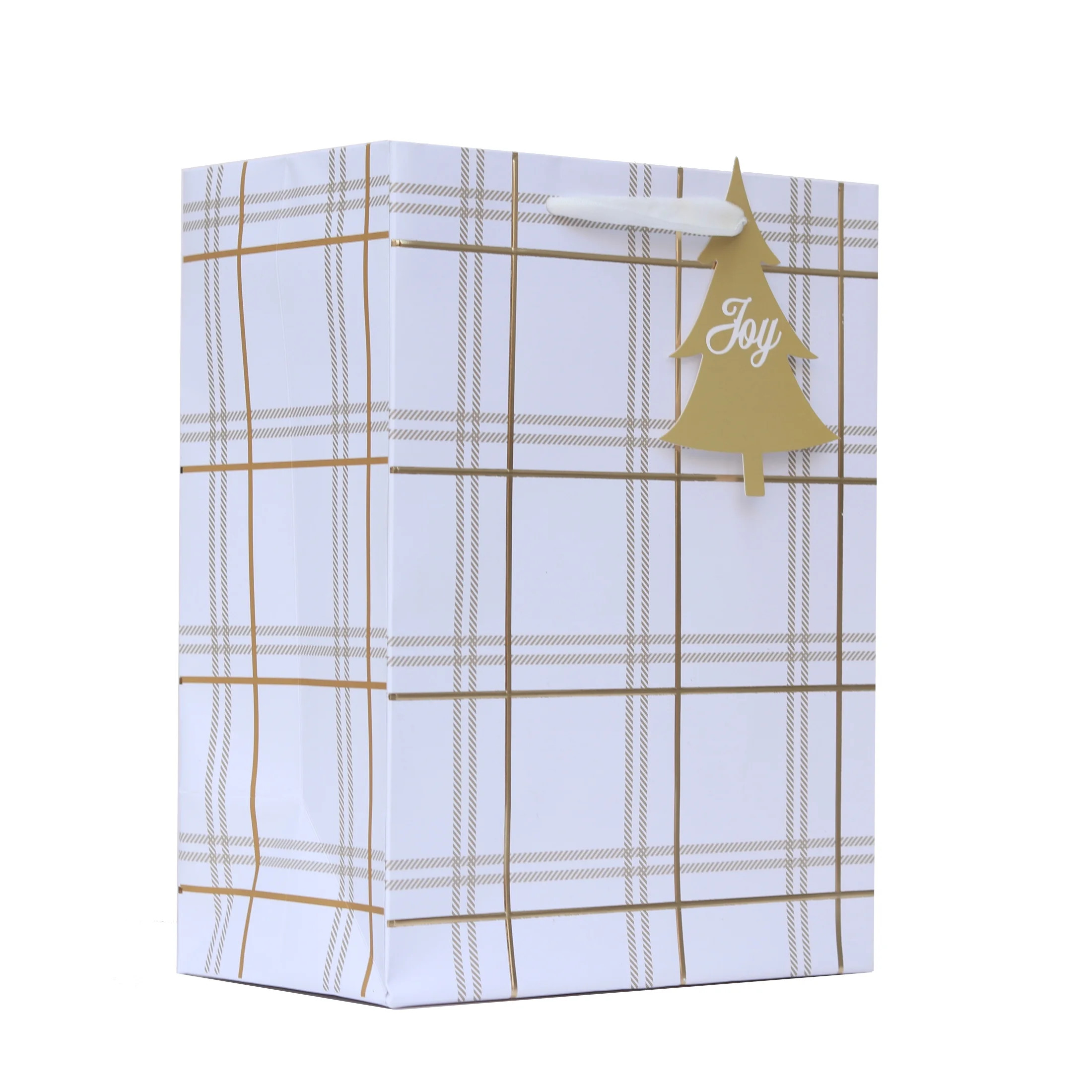 Medium White and Gold Plaid Christmas Paper Gift Bag, 7.5" x 4.5" x 9.87", by My Texas House | Walmart (US)