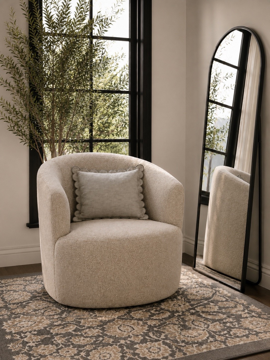 The Coziest Little Corner 🤍

A soft swivel chair, warm layered neutrals, vintage-inspired rug, and an oversized mirror… this reading nook is what cozy home dreams are made of ✨ I love how the black window contrast and olive tree add just the right amount of depth while still keeping the space calm, airy, and elevated.

Follow @farmtotablecreations on Instagram for more cozy, elevated home finds ✨

Sharing all my favorite neutral accent chairs, mirrors, and cozy corner decor on LTK 🕯️

#LTKHome #ReadingNook #CozyCorner #NeutralDecor #ModernOrganic #HomeStyling #AccentChair #InteriorInspo #FarmhouseStyle #EuropeanDecor #WarmMinimalism #CozyHome #LivingRoomDecor #HomeDecorFinds #LTKStyle

#LTKHome #LTKSaleAlert