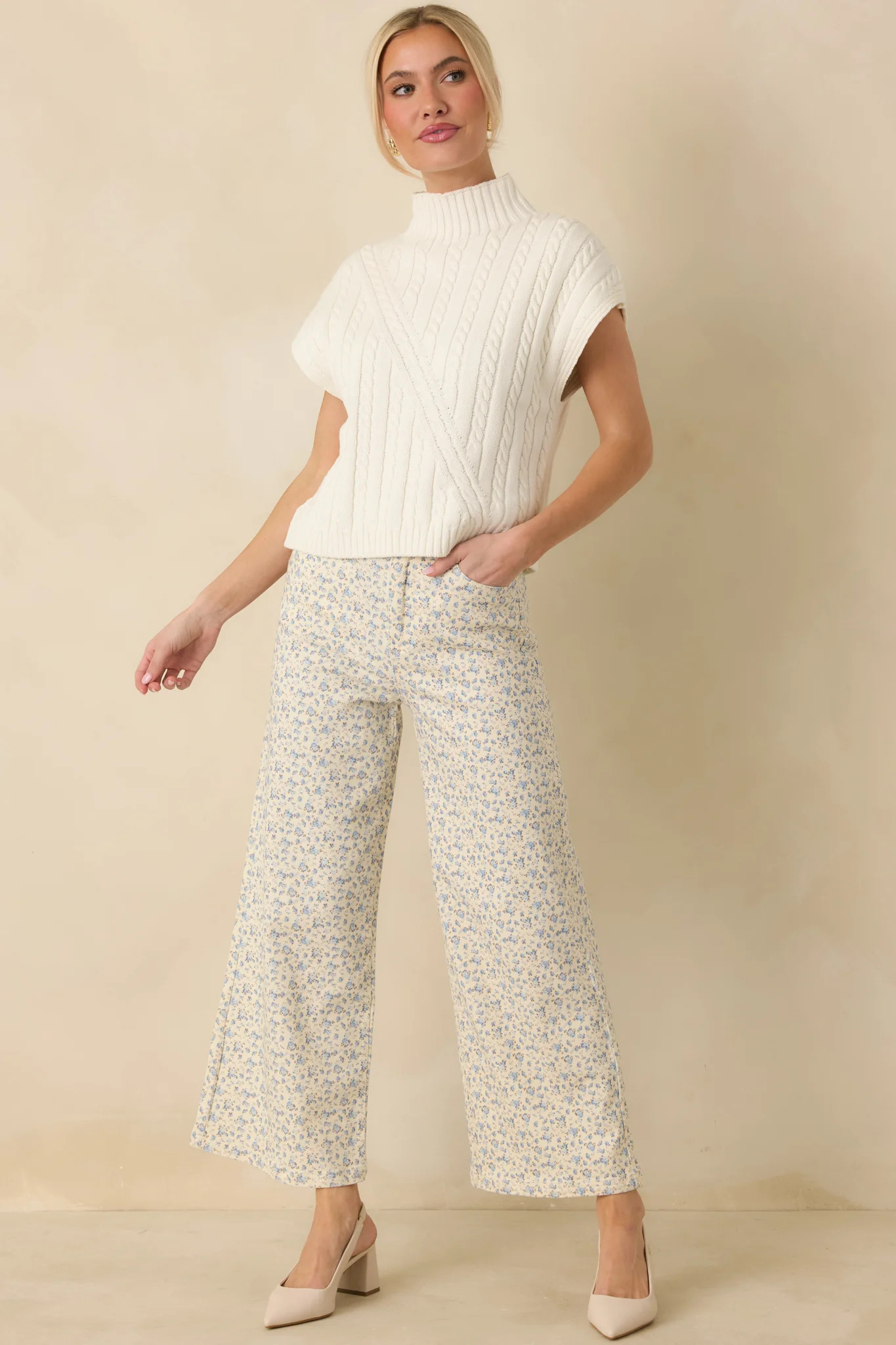 I'm Sure of It Ivory Cable Knit Sleeveless Mock Neck Sweater | Red Dress