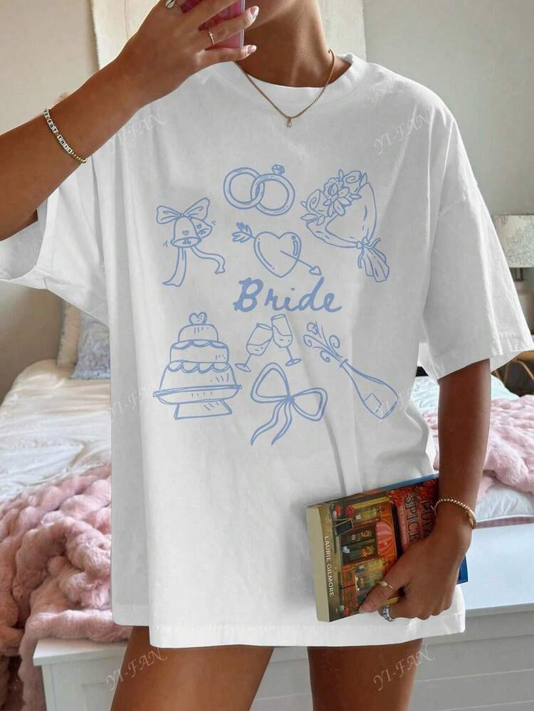 Bride Text Design Casual Loose Fit Round Neck Short Sleeve T-Shirt, Bridal Party Gift, Wedding Season Fashion Party Tee, Summer Casual Short Sleeve T-Shirt | SHEIN
