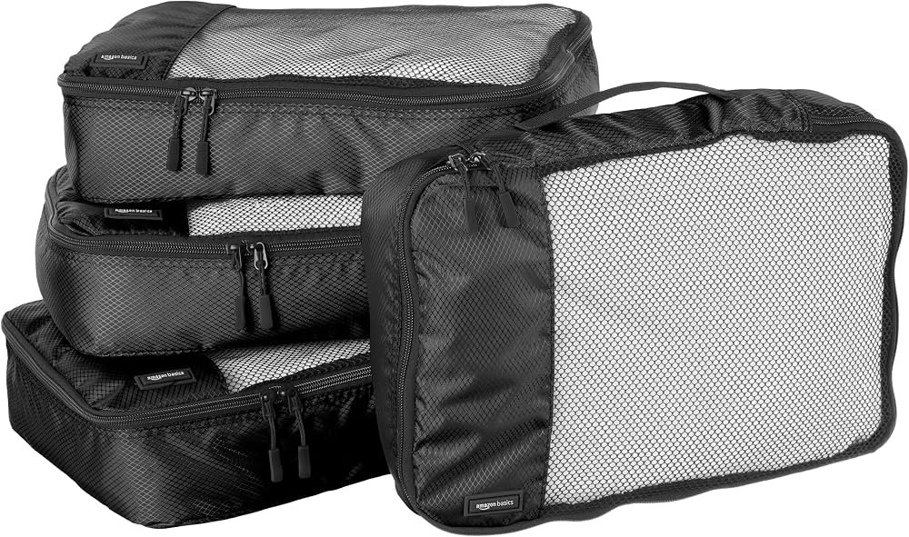 Amazon Basics 4 Piece Packing Cubes for Travel, Travel Organizer Zipper Cubes Set, Medium, Black | Amazon (US)