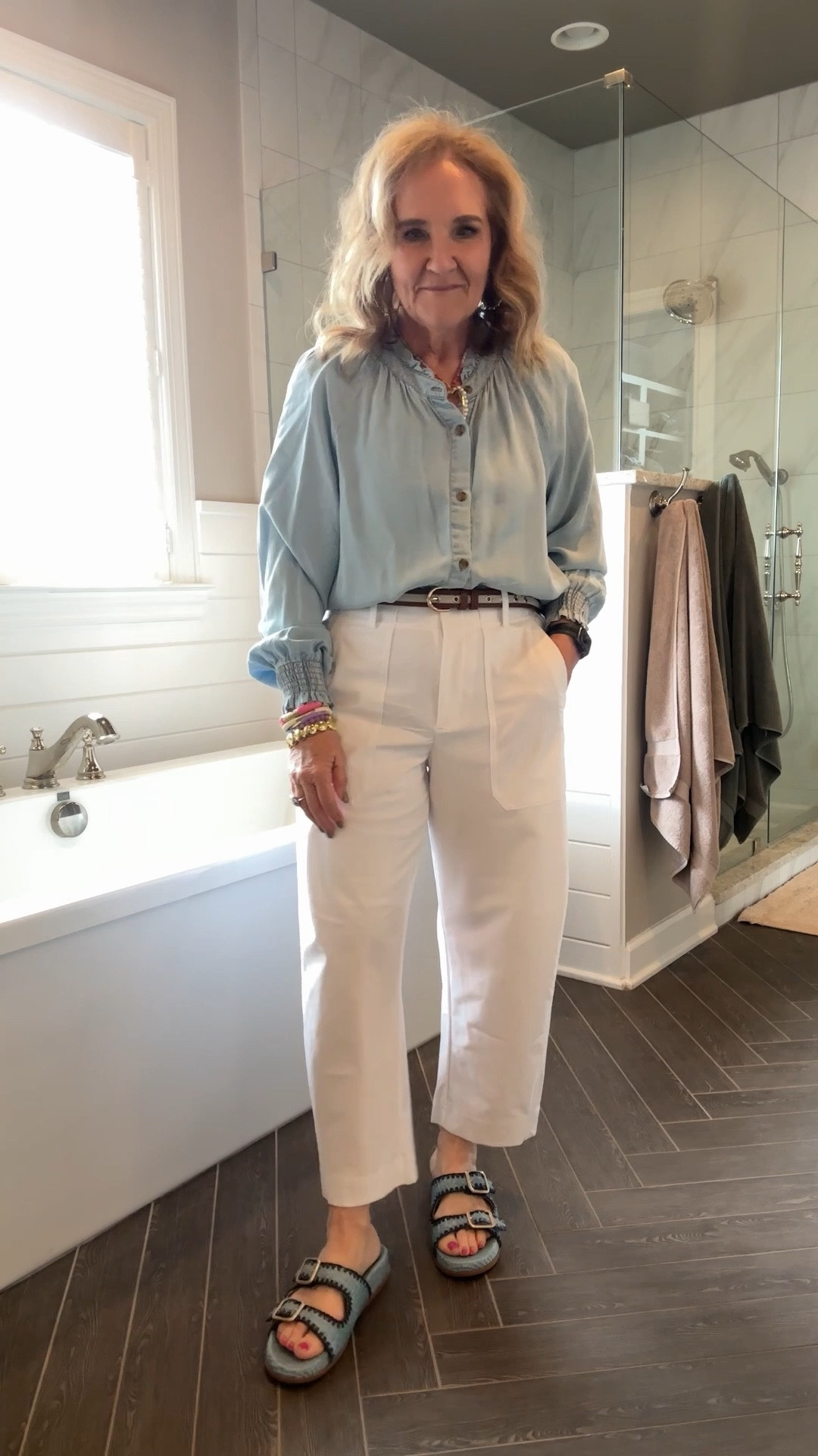 Tap the 🔔 and heart ❤️ this post!! 
Skyline barrel pant on sale. Size 8 petite Pants med love the white. They are no iron. Lots of favorite athleta pants on sale 
I’ll link similar chambray top 
20% off my bracelet stack code NANETTE20

#LTKPetite #LTKSaleAlert #LTKOver40