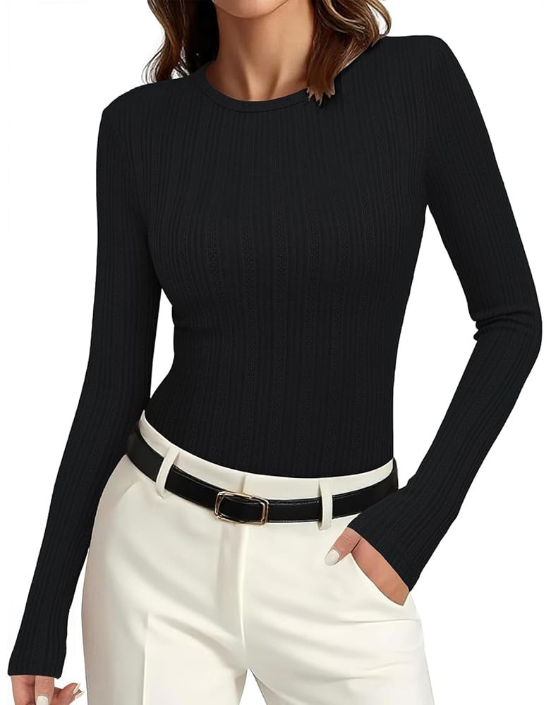 PRETTYGARDEN Crew Neck Long Sleeve Cute Going Out Tops for Women 2025 Casual Basic Slim Fit Women... | Amazon (US)