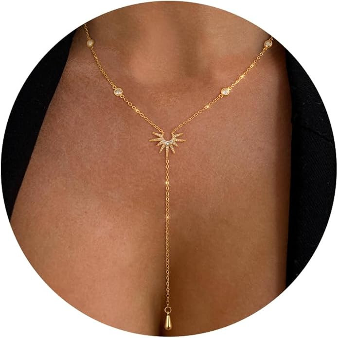 Drop Sunburst Gold Necklace for Women Simple 14K Gold Plated CZ Chain Dainty Waterproof Pearl Tea... | Amazon (US)