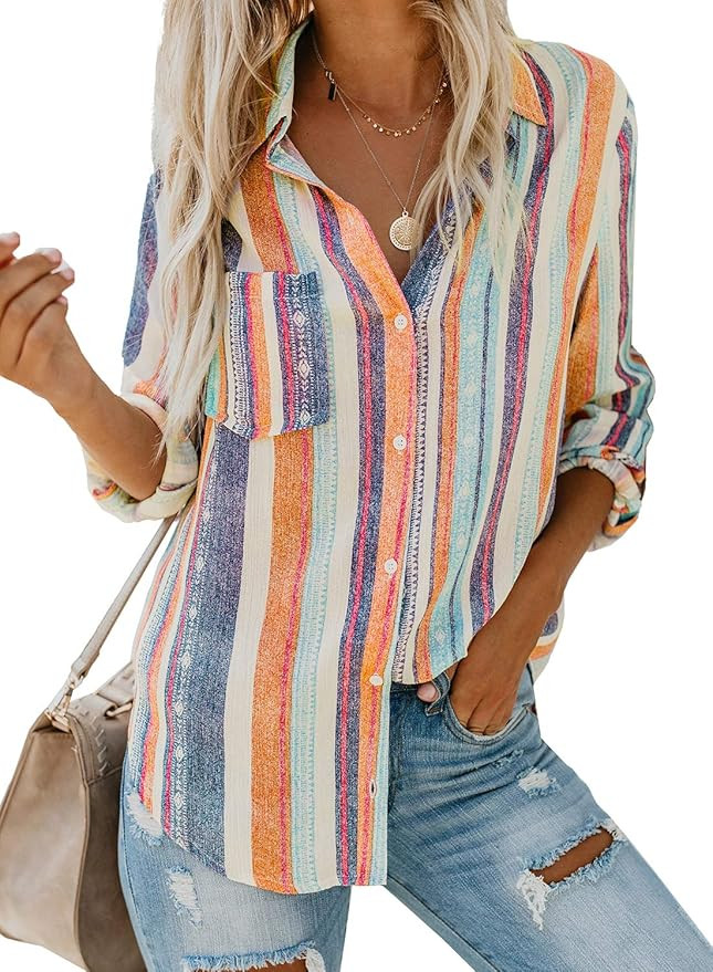 Astylish Women V Neck Striped Roll up Sleeve Button Down Blouses Tops | Amazon (US)