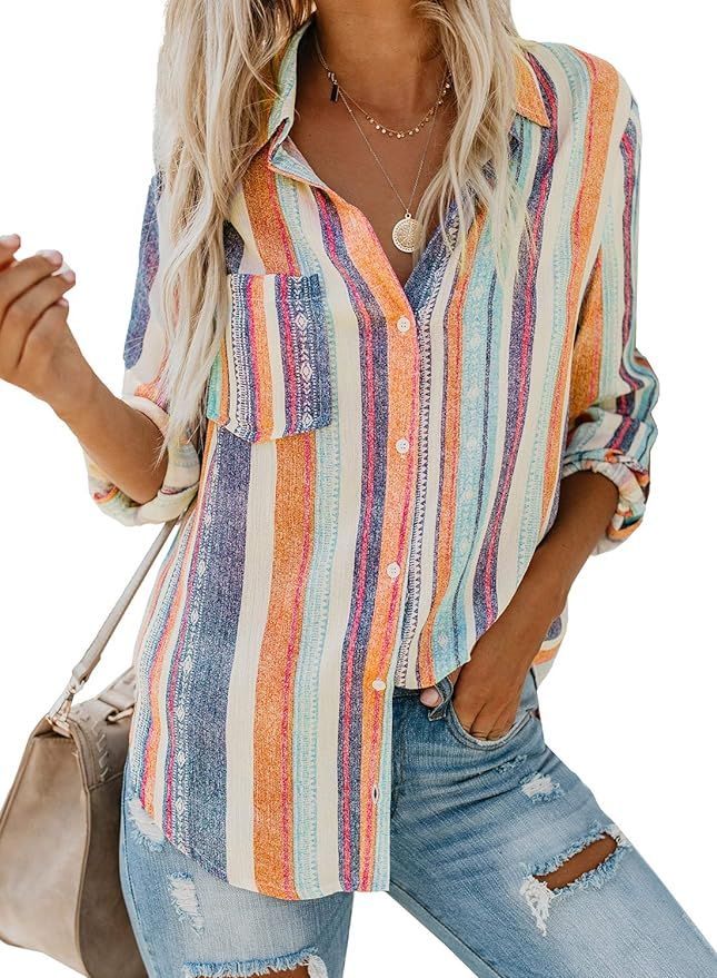 Astylish Women V Neck Striped Roll up Sleeve Button Down Blouses Tops | Amazon (US)