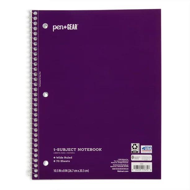 Pen+Gear 1-Subject Notebook, Wide Ruled, Purple, 70 Sheets - Walmart.com | Walmart (US)