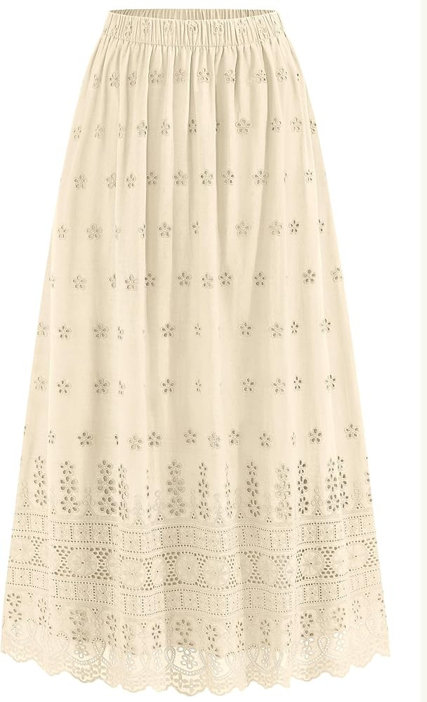 dowerme Women Summer Maxi Skirt Cute Elastic High Waist Boho Eyelet A-Line Cotton Flwoy Long Skir... | Amazon (US)