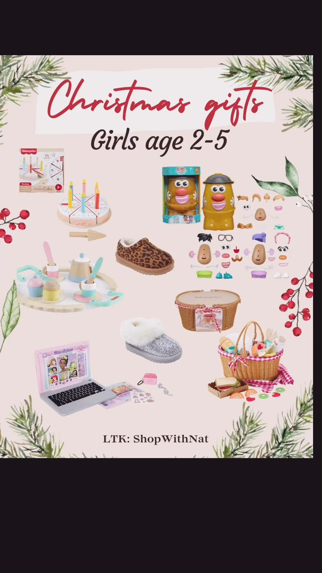 
Everything is linked in my LTK. Christmas gift ideas for girls age 2 to 5. The Mr. Potato Head set, the wooden picnic set, the Disney Princess laptop, the wooden tea party set, the wooden birthday cake, the Melissa and Doug cookie set, and the toddler slippers. Almost everything is under 20. These are all so cute for pretend play and perfect for Christmas. 🎄💗✨  #giftideas #christmasgiftideas #christmasgiftideasgirls #toddlerchristmasgifts #blackfridaydeals

#LTKHoliday #LTKCyberWeek #LTKGiftGuide