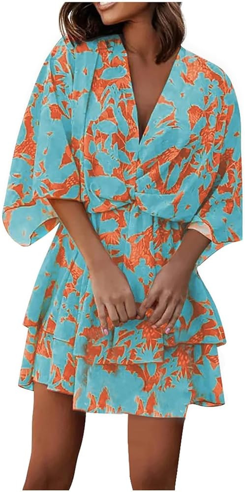 suleux Women's V-Neck Loose Batwing Sleeve Elastic Waist Printed Dress | Amazon (US)