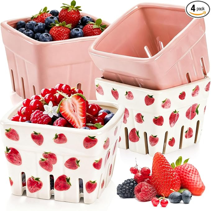 4 Pack Ceramic Berry Baskets, 4.6" Square Fruit Bowls with Holes, Pink & White Berry Containers f... | Amazon (US)