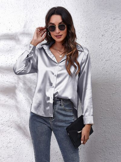 Button Up Collared Neck Long Sleeve Shirt Silver / S | Casual Chic Boutique