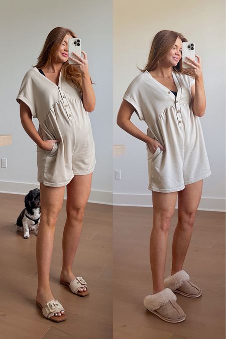 wearing a small in my amazon romper! worked great for both pregnancy & postpartum. you can go up in if you’re in between sizes for my target sandals!