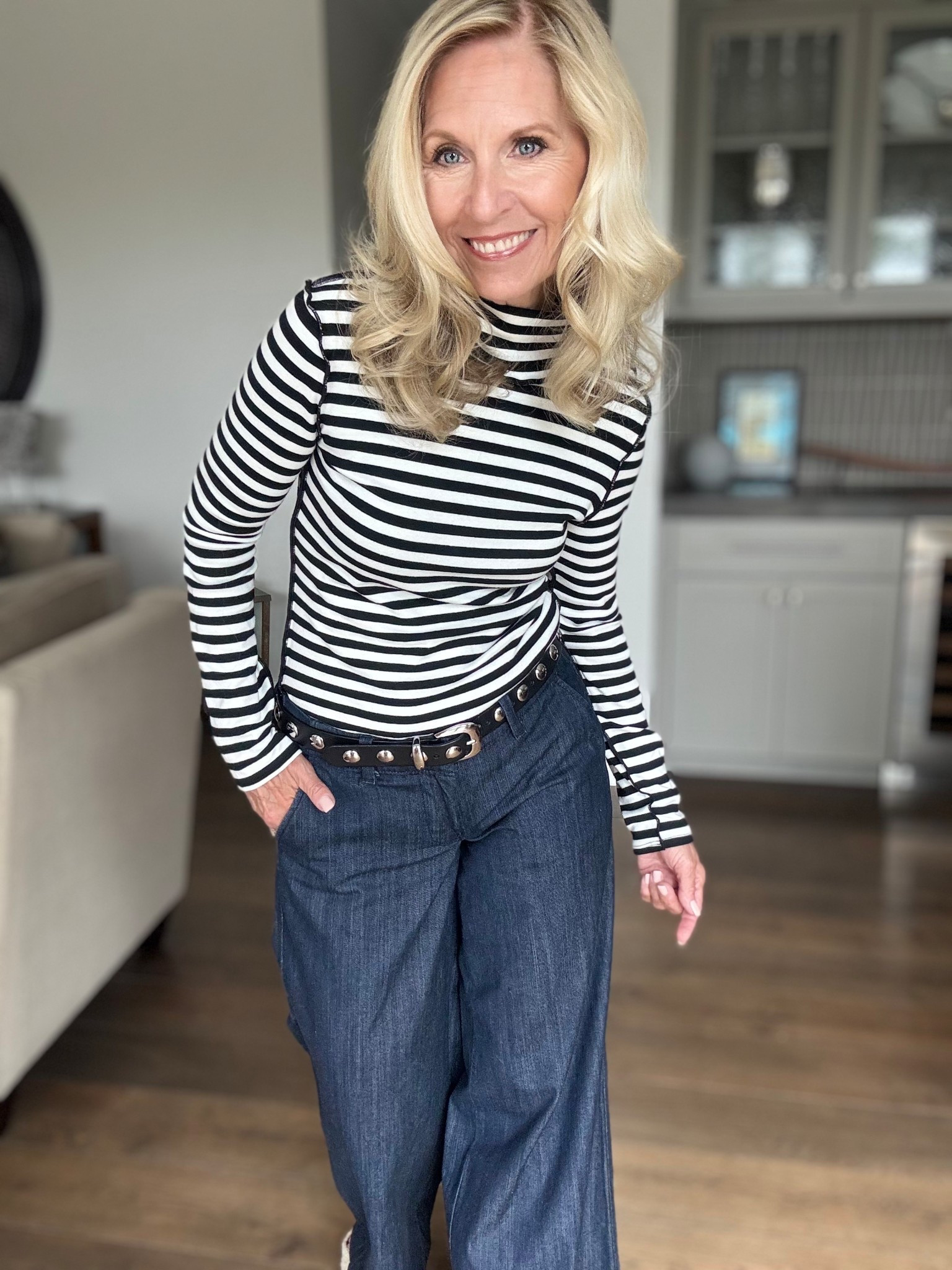 Channeling a little Parisian chic today…

I cannot believe how good this Free People dup is. I love the details of the seams down the arms and sides of this black and white striped turtleneck!

I’m styling it with my extra wide leg jeans. This turtleneck is a steal for under $20!

Follow me for more 50+ style inspiration.

#LTKOver40 #LTKFindsUnder50 #LTKStyleTip