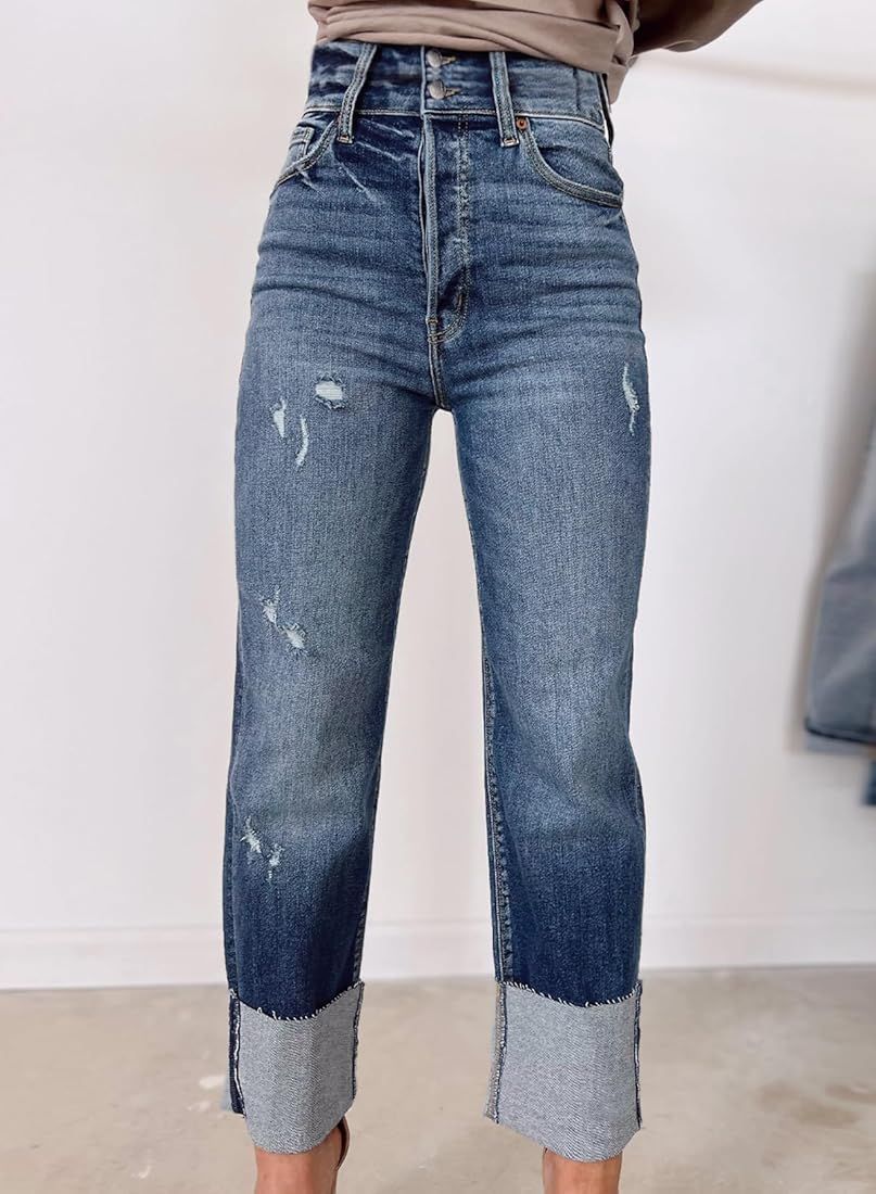 Women Cuffed Jeans High Waisted Boyfriend Straight Leg Denim Pants | Amazon (US)
