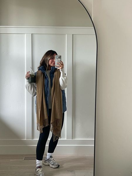 I have this vest in multiple colors & im here for the BLUE! Make sure to size down —it’s def oversized wearing a size small

White sweater is such great quality— wearing a small. Linking similar scarf, my favorite scrunch socks and my grey new balances