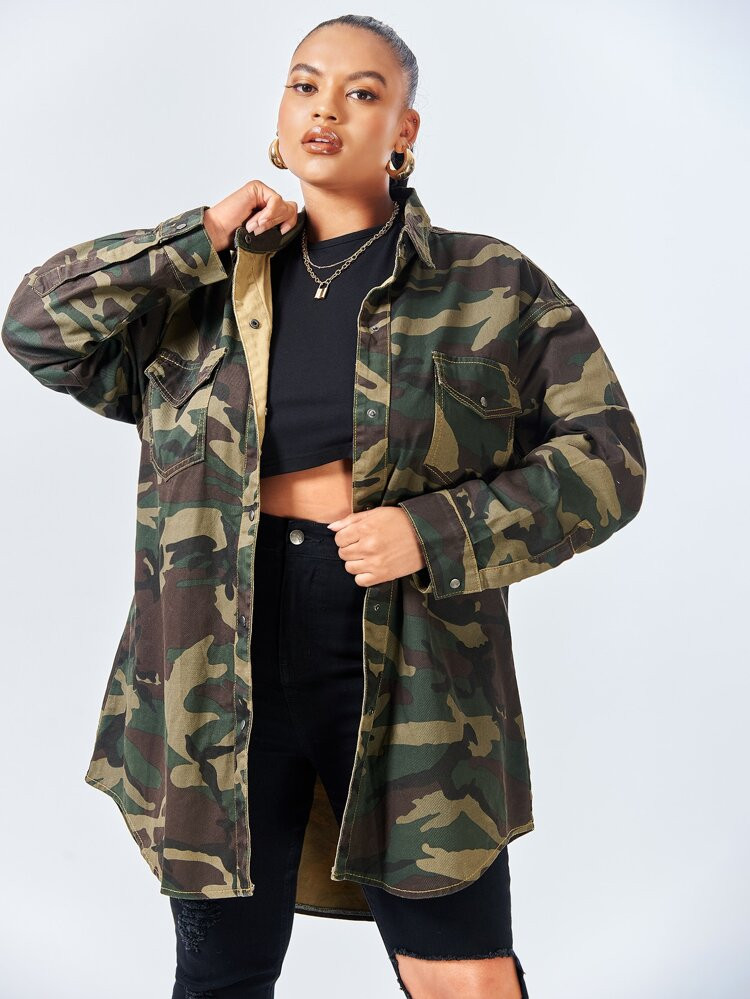 SHEIN SXY Plus Camo Print Flap Pocket Drop Shoulder Denim Coat | SHEIN