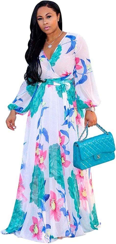 Nuofengkudu Womens Chiffon Deep V-Neck Stripe Printed Maxi Dress Unique Loose Summer Boho Dresses Hi | Amazon (US)