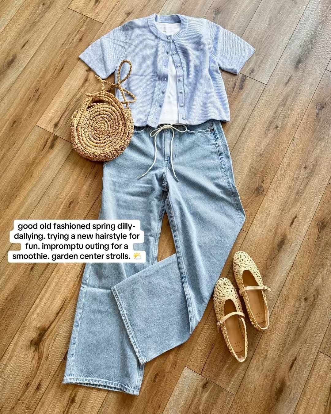 spring outfits. low rise loose fit jeans. short sleeve cardigan. woven flats. 

#LTKSpringSale #LTKootd #LTKSeasonal