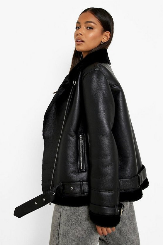Faux Leather Lined Oversized Aviator | Boohoo.com (US & CA)