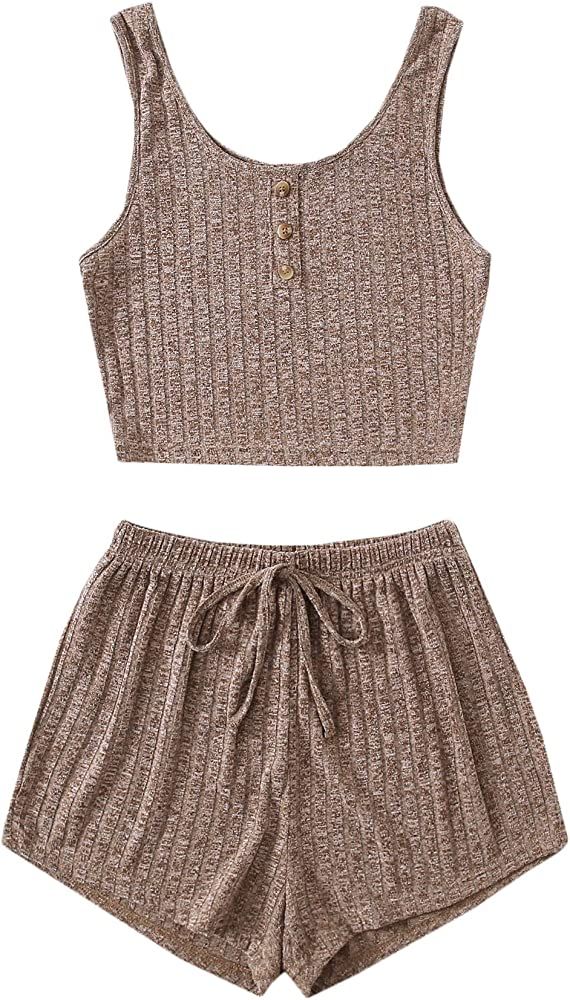 SOLY HUX Women's Button Front Ribbed Knit Tank Top and Shorts Pajama Set Sleepwear Mocha Brown M ... | Amazon (US)