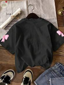 SHEIN Young Girl's Casual Minimalist Personalzed #67 Bow Graphic Black Round Neck Short Sleeve T-... | SHEIN