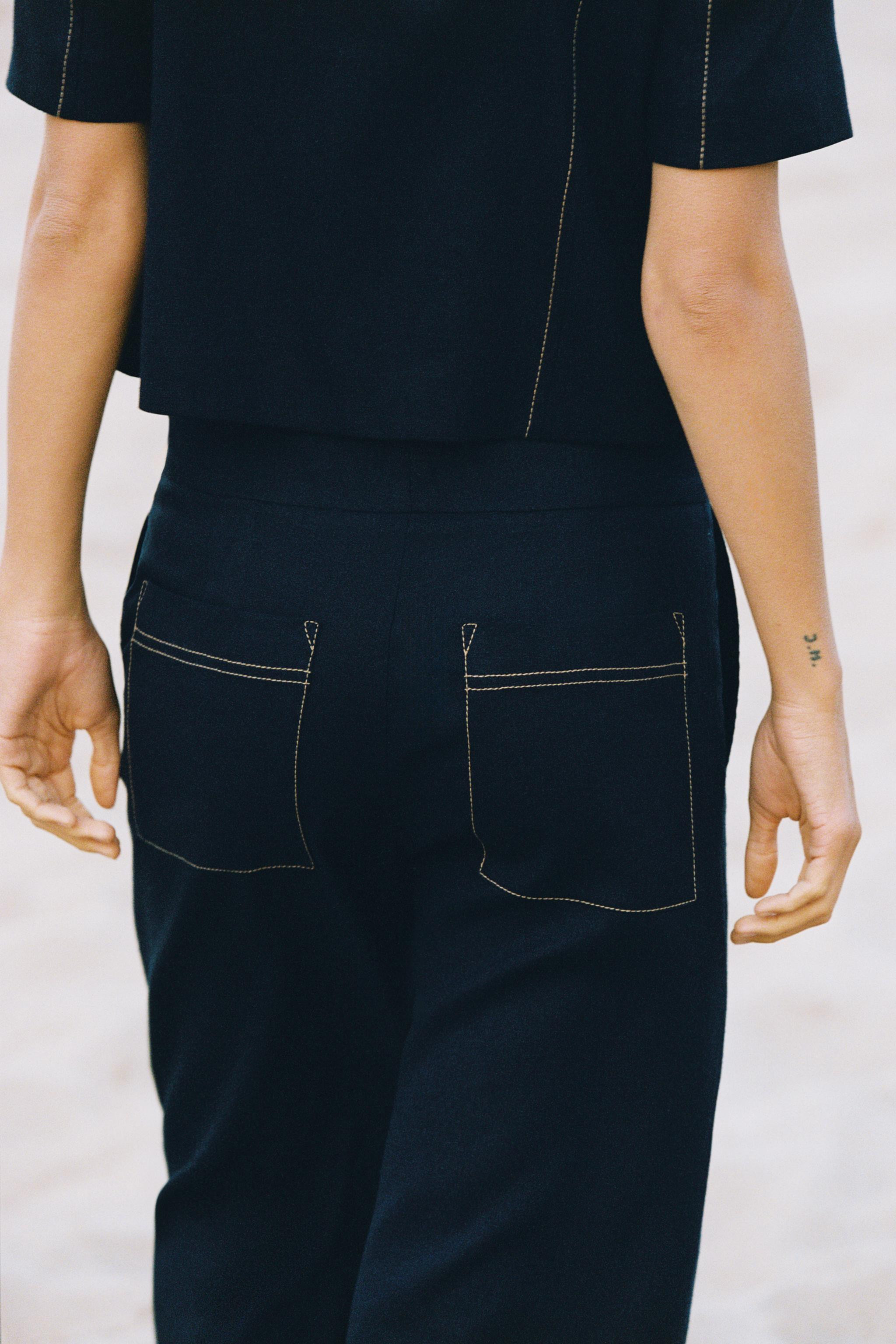 STRAIGHT-LEG TOPSTITCHING LINEN BLEND TROUSERS | Zara UK