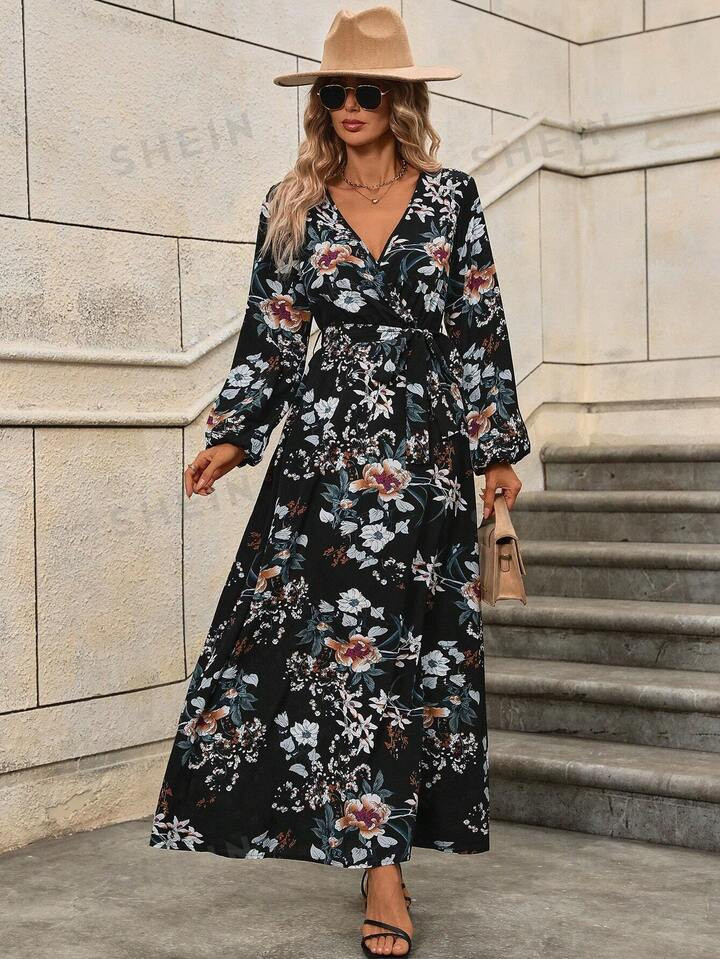 SHEIN Clasi Women's V-Neck Long Sleeve Allover Floral Print Lace-Up Fall Maxi Dress, Casual Daily... | SHEIN