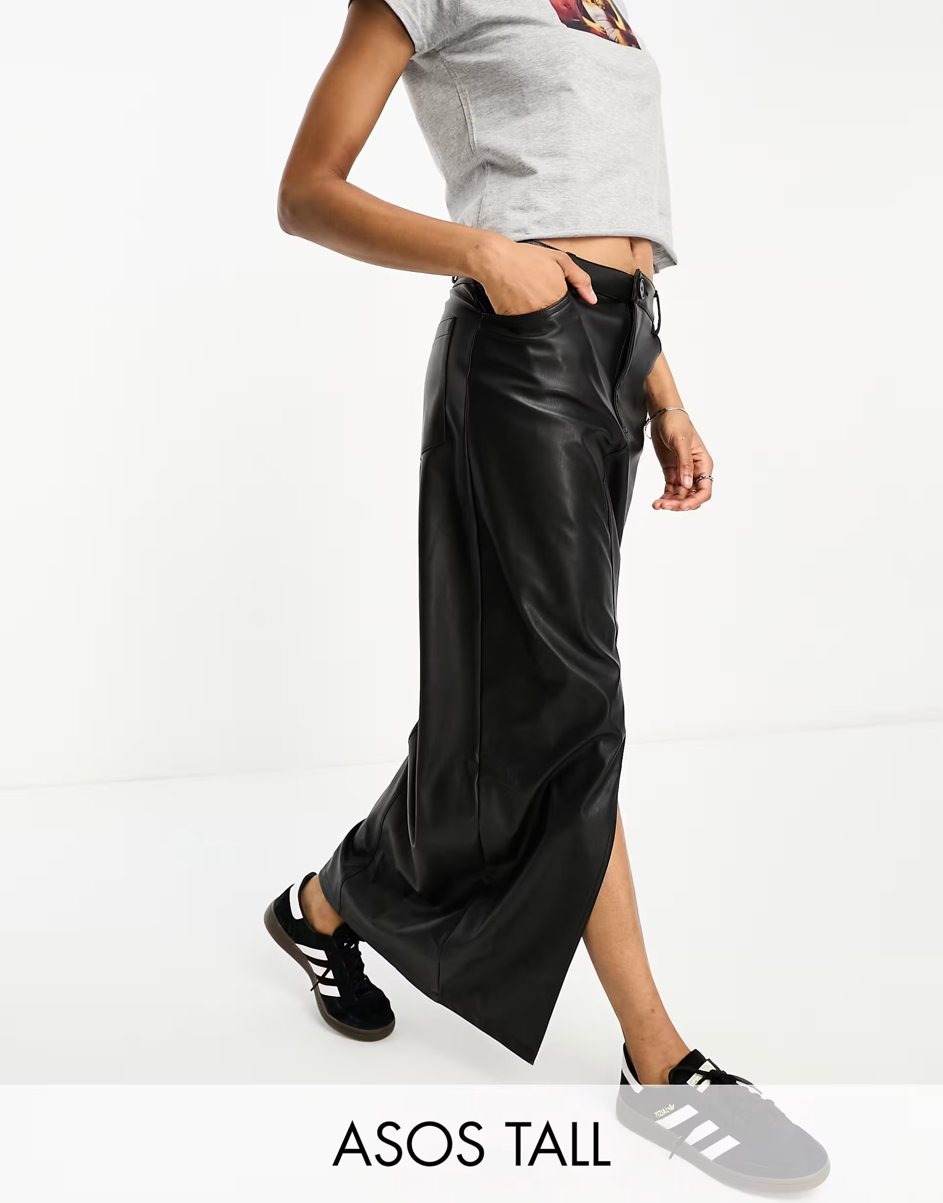 ASOS DESIGN Tall faux leather maxi skirt with front split in black | ASOS (Global)