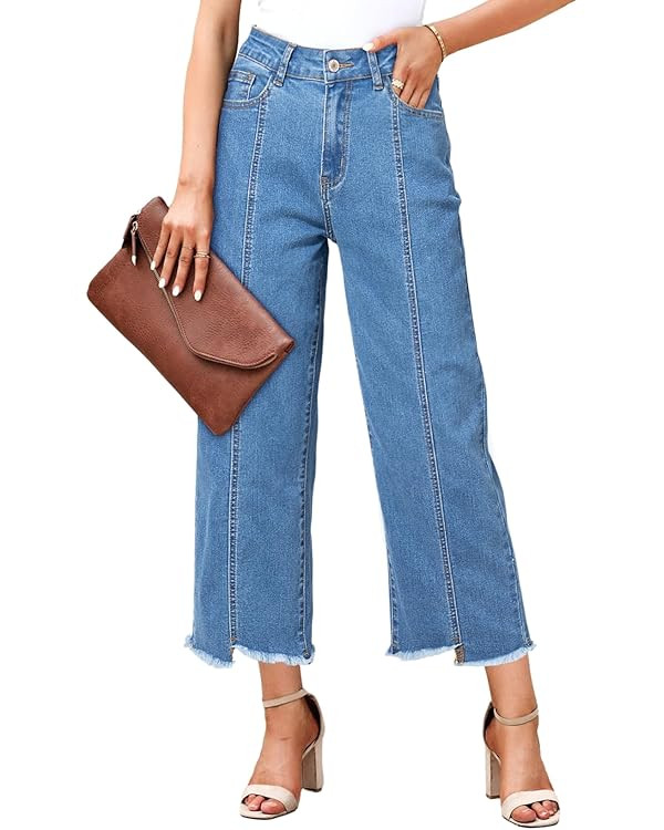 Sidefeel Women's Jeans High Waisted Wide Leg Casual Loose Fit Straight Leg Cropped Denim Pants wi... | Amazon (US)