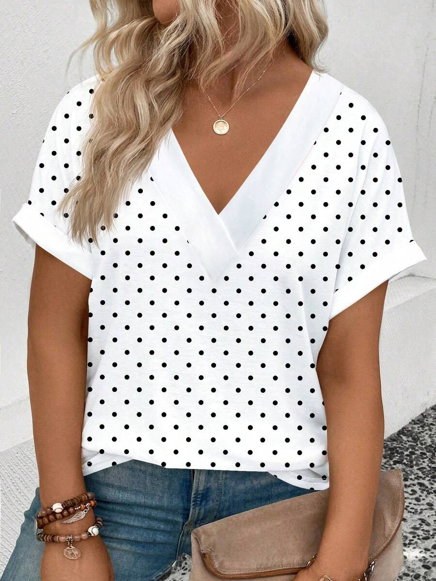 EMERY ROSE Women's V-Neck Polka Dot Print Short Sleeve Casual Versatile Plus Size T-Shirt, Spring... | SHEIN