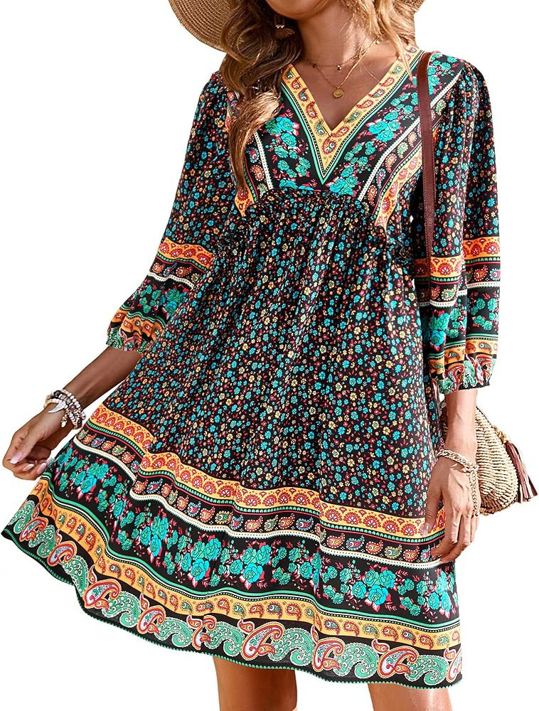 BTFBM Women Casual Spring Summer Dresses V Neck 3/4 Long Sleeve Ruffle Floral Flowy Boho Babydoll... | Amazon (US)