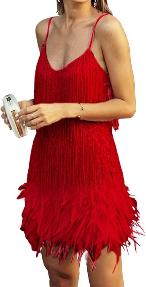 Yanfoam Womens Tassel Feather Sequin Dress and Sexy V Neck Spaghetti Strap Dress for Women | Amazon (US)