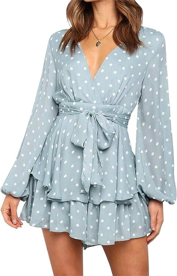 Relipop Women's Polka Dot Jumpsuits Deep V-Neck Long Sleeve Knot Front Ruffle Hem Floral Rompers | Amazon (US)