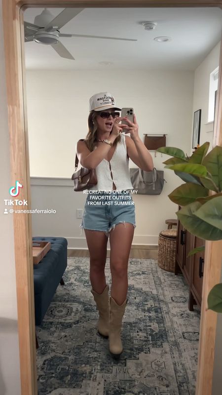 5/9/24 Denim shorts outfit 🫶🏼 Summer outfits, summer outfit ideas, summer fashion, summer fashion trends, denim shorts, abercrombie sale, abercrombie jean shorts, abercrombie shorts, abercrombie denim shorts, sweater vest top, vest top, cowgirl boots, cowgirl boots outfit, trucker hat, trucker hat outfit

