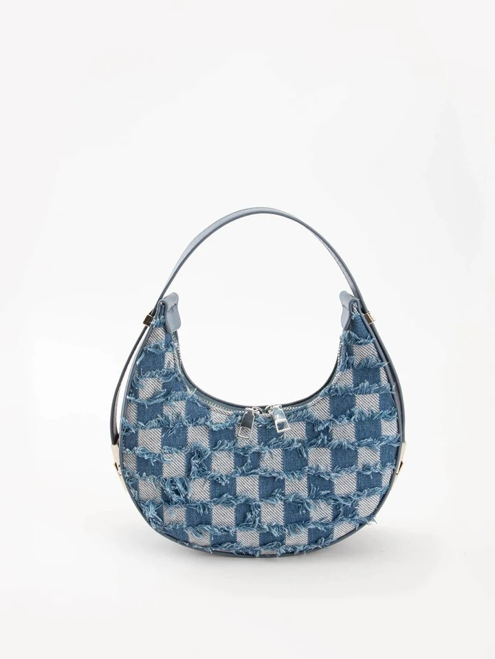 Fashion Two Tone Grid Pattern Denim & Pu Bag With Fringe Trim, Double Zipper, Adjustable Handle F... | SHEIN