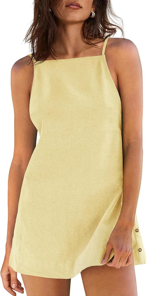 Yanekop Womens Linen Mini Dress Spaghetti Strap Short Beach Summer Dresses Sleeveless Sundress Op... | Amazon (US)